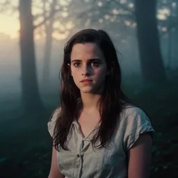portrait bust of emma watson, film grain, kodachrome, dense forest, long black hair, cloth, heavy fog, hudson river school, 4 k, dramatic lighting, sunrise, hayao miyazaki, masashi ando, nizou yamamoto, kazuo oga, joe hisaishi, yoji takeshige, naoya tanaka