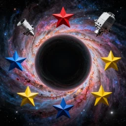 red star and blue star and yellow star around massive black hole, empty space, colorfull, nebula, habl telescope, detail render, realistic maya, octane render, rtx, nasa, photo