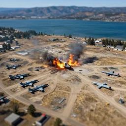 Tilt shift photography, Big Bear Lake California, Ariel drone shot, Battlefield, war-torn landscape, fire, USAF Bombers, military, Battlezone