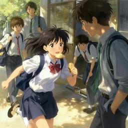 “ anime, a pretty girl who runs into school with a piece of bread on her way to school and bumps into a boy., light and shadow effects, intricate, highly detailed, digital painting, art station, concept art, smooth, sharp focus, illustration, advanced digital anime art, art by artgerm and greg rutkowski and alphonse mucha and william - adolphe bouguereau, craig mullins, j. c. leyendecker, atmospheric lighting, detailed face, by makoto shinkai, stanley artgerm lau, wlop, rossdraws ”