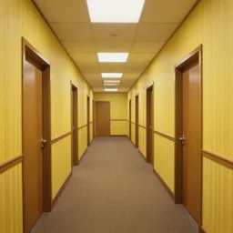 a familier room with endless hallways, yellow wallpaper, office ceiling, airbrush painting, 8 k, detailed, 1 9 8 0 s,