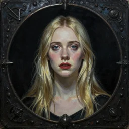 a striking esoteric painting of Elle Fanning, dark, metal, black background, occult, by John Waterhouse