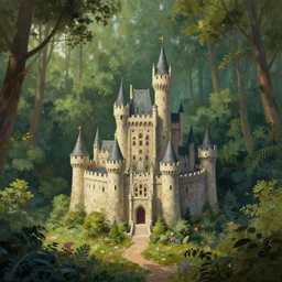 a large castle in the shape of a cat, in the middle of a forest, digital art painting