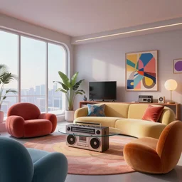 retro futuristic apartment, 7 0 s hi fi system, funky furniture, modern art, cgisociety, 8 k uhd