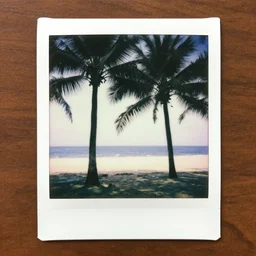 a polaroid photo of the beach with palmtrees