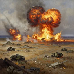 war torn hellscape drawn by thomas kinkade, flames, explosions, military, wide frame, expansive landscape