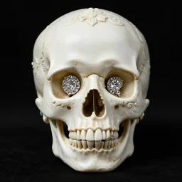 a portrait of a beautiful ornate and intricate rococo skull with diamonds in the eyesockets, with silver and gold details and diamonds inside a rococo frame, 4k, octane render, vray, unreal engine, photorealistic