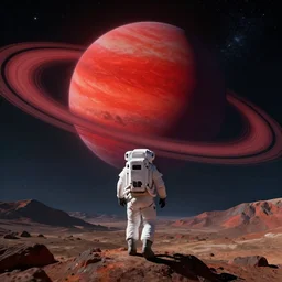 a astronaut walking on a mountainous alien planet with a giant red planet with rings  appearing in the sky at night, digital art, concept art, trending on DeviantArt, highly detailed, high quality, 8K, cinematic lighting