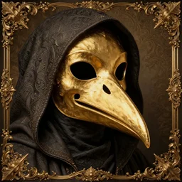 artwork of a golden beaked mask and dark hood | intricate | high detail | baroque |