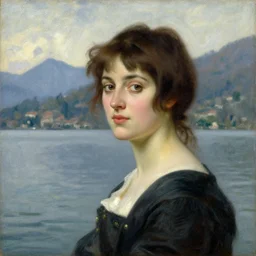 oil portrait!!! by alma tadema of a woman looking at us, head slightly turned on the right, lake como!! in the background, short brown hair