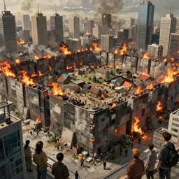 climate change migrant crisis outside heavily fortified walls with burning villages in the background city while citizens stare from skyscrapers, by kilian eng, by good smile company, high detail, digital painting, industrial art style, death stranding art style, cinematic lighting, artstation, cgsociety, unreal engine 5 render, octane render, 3 5 mm film grain
