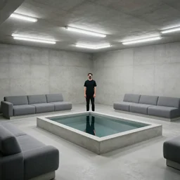 a man taking a selfie in a large minimalistic concrete room. room contains upholstered sofas fluorescent ceiling lighting and a rectangular water feature in the center, a tilt shift photo by leandro erlich, featured on cg society, kitsch movement, hall of mirrors, high dynamic range, studio portrait