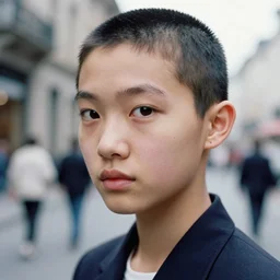 ektachrome, 3 5 mm, highly detailed : incredibly realistic, youthful asian demure, perfect features, mild buzz cut, beautiful three point perspective extreme closeup 3 / 4 portrait photo in style of chiaroscuro style 1 9 7 0 s frontiers in flight suit cosplay paris seinen manga street photography vogue fashion edition