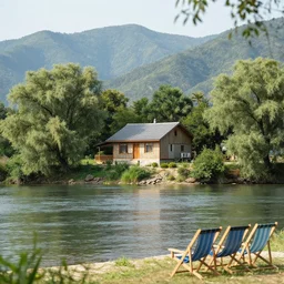 A cottage on a river bank Surrounded by trees and mountains in the background and beach chairs in the foreground