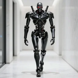 skeletal black mecha walking down white marble hallway, Skeletal face android face one eye. mecha (carbon fiber) long limbs black panels reflective. Skeletal face android face one eye ((glowing_red_eye)) exposed wiring cable wire harness RTX On UE5 Artstation Bladerunner_2049_scene!!!!!! Cyberpunk 2077 bladerunner2049!!! bladerunner!!!