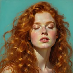 hyper realistic painting portrait of a redhead girl with flowing curls and closed eyes, her skin is like gold and turquoise background, hyper detailed face, in the style of stjepan sejic, norman rockwell, michael hussar, roberto ferri and ruan jia, john william waterhouse, godward, david kassan