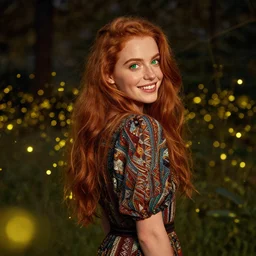 a happy, modern looking young woman looking over shoulder, intricate detailed dress, among the lights of golden fireflies and nature, long loose red hair, bright green eyes, small nose with freckles, triangle shape face, smiling, dreamy scene, golden ratio, high contrast, hyper realistic digital art by caravaggio and artgerm.