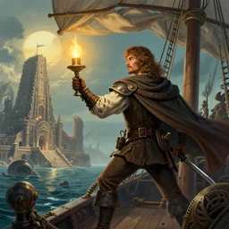 concept art of a swashbuckler holding a candle holder discovering a sunken city, wearing a cape, on a ship, highly detailed, digital art, illustration, artstation, very detailed, 4 k