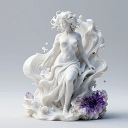 3 d fluid simulation render, octane render, xparticles, white colors, female bodies, female body covered in white blanket, white carved abstract sculpture, amethyst mineral quartz, swirly curls, abstract white fluid, golden edges and fractals, cold colors, artstation,
