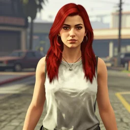 gta 5 game style red hair girl with long hair as the protagonist in the game