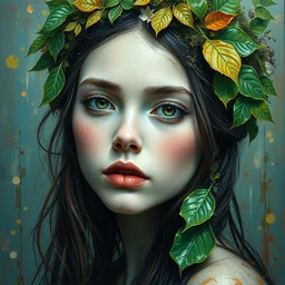 a portrait of beautiful girl by irakli nadar with intricate detailed color smashing fluid oil paint and acrylic, moss and leaves headdress, melting wax, mycelia, abstract impressionism, ruan jia, fantasy, hyper detailed, concept art, by gustav klimt,