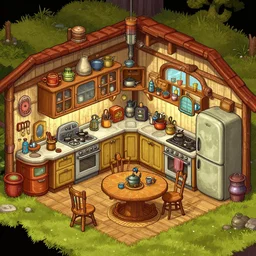 kitchen of a farm house with retro sci fi furniture, from a point and click 2 d graphic adventure game, detailed, set design inspired by hg giger and sierra, art inspired by thomas kinkade
