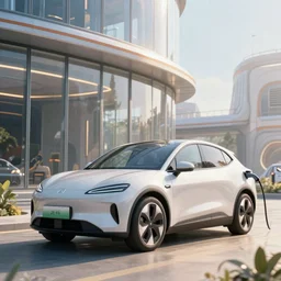 electric vehicle plugged into a sci - fi glass building from apex legends, daytime, a sense of hope and optimism, hyper realistic, high res, 4 k, warm light, peaceful, serene