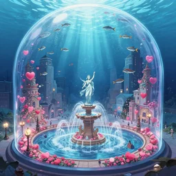 A bustling beautiful city on the sea floor inside a glass dome with valentine's day decarations during valentine's day, anime, fountain, statue, underwater, rapture, fish flying over head, godrays, a fantasy digital painting by Greg Rutkowski and James Gurney, trending on Artstation, highly detailed