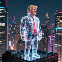 donald trump as a large transparent hologram in a cyberpunk city, rooftop, cinestill 8 0 0 t