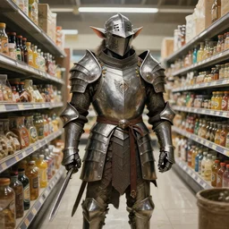 an anthropomorphic dnd kobold paladin, wearing full metal plate mail, in the grocery store, photography by bussiere, painting by rutkowski, andreas roch, by george morikawa, by kentaro mire, highly detailed, 8 k