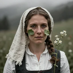 portrait photography tyrolean female farmer, leaves and edelweiss growing from face, hay cloths, desaturated, fog, 1. 2 f, 3 5 mm, dark, lush, 1 9 2 0 s ghost photography