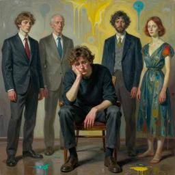 portrait of a confused man sitting in a chair contemplating, art by james jean and luc tuymans and vincent lefevre and hernan bas and pat steir and hilma af klint, psychological, dripping paint, high quality render, cg society contest winner, retrofuturism, masterpiece
