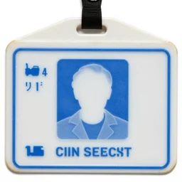 worn plastic sci - fi identity card, textured, embossed, white and blue, scientist identity card, 1 9 8 0 s sci - fi,