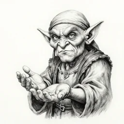 pen and ink drawing of a goblin merchant holding out his palm to show gold coins, by steve jackson and ian livingstone, highly detailed