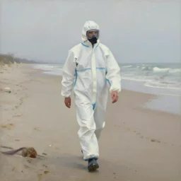 a man in a hazmat walking on an abandoned beach, impressionist