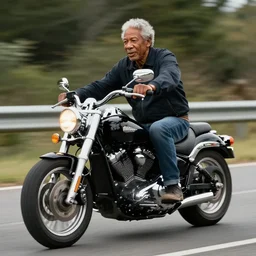 morgan freeman riding a motorcycle in a way that is really cool but also responsible and respectful of the safety of the other people who might be driving on the road because morgan freeman is a good guy who cares about other people despite the fact that he's very rich and famous because he likes to remain down to earth even though he's been in classic movies like Shawshank Redemption and Se7en
