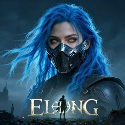 beautiful cinematic poster, female cyberpunk, ronin ballistic mask, brilliant blue flowing hair, beautiful glowing eyes, wideshot ultrawide angle epic scale, hybrid from the elden ring and art direction by darius zawadzki, wayne reynolds artstation ; cinematic quality character render ; low angle ; ultra high quality model, quality cinema model