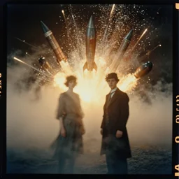 kodak portra 4 0 0, wetplate, muted colours, movie almost famous, 1 9 1 0 s style, motion blur, portrait photo of a backdrop, explosions, rockets, bombs, sparkling, fog, by georges melies and by britt marling