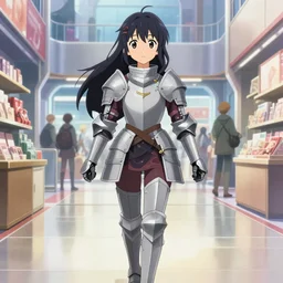anime visual of a female medieval knight walking in a futuristic shopping mall, cute face by ilya kuvshinov, makoto shinkai, kyoani, masakazu katsura, gelbooru, danboorudynamic pose, crisp and sharp, yoshinari yoh, rounded eyes, anime poster, cel shaded
