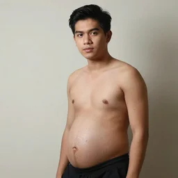 A young handsome Filipino man in his 20s shirtless with a big pregnant belly, photographed by Steve McCurry