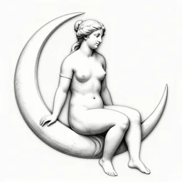 graphic design exciting by juan gris. the body art shows venus seated on a crescent moon. she is surrounded by the goddesses ceres & bacchus, who are both holding cornucopias.