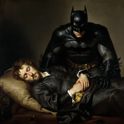 A man sleeping, Batman lurking menacingly, by Annibale Carracci, by Camille Corot