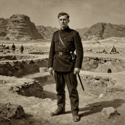 ultra detailed photorealistic sepia - toned painting from 1 9 1 7, a british officer in field fear standing at an archaeological dig site in wadi rum, ultra realistic, painted, intricate details, lovecraft, atmospheric, dark, horror, brooding, highly detailed, in the style of clyde caldwell