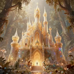 iridescent opalescent living forest kingdom castle, warm tones, translucent, : by michal karcz, daniel merriam, victo ngai and guillermo del toro : ornate, dynamic, particulate, intricate, elegant, highly detailed, centered, artstation, smooth, sharp focus, octane render