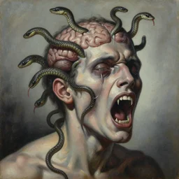 an oil on canvas painting of a screaming decapitated man's partially decomposing face with many biting serpents swarming out of his exposed brain, a surrealist painting, polycount, surrealism, surrealist, lovecraftian, cosmic horror