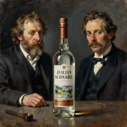 ultrafine detailed painting of a vodka bottle advertisement still life by julian schnabel and john chamberlain, tonalism, oil on canvas, surrealist painting, behance, academic art