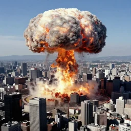 a single! mushroom! cloud! formed by an h - bomb! explosion! in the middle of tokyo, raising between the buildings, highly detailed, concept art, smooth, sharp focus, gulf war photography, from akira ( 1 9 8 8 ) style, popular on artstation, unreal engine, aerial photo, nvidia graphics,.