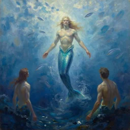 vintage beautiful painting of mystical merman god of the sea rising up from the deep blue waves, oil painting by Greg Rutkowski and Charlie Bowater and Artgerm, unreal 5, DAZ, trending on artstation, dynamic lighting, misty, ocean, blue theme