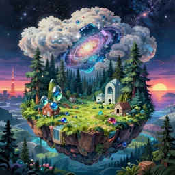 abandoned by georges seurat, forest galactic cloudy made of glass fisheye studio ghibli anime water gem meadow architecture island uv light san andreas tundra retrowave fantasy postcyberpunk wilderness reclaimed by nature matte painting tokyo sunset vaporwave azeroth cgsociety, archdaily, wallpaper, highly detailed, trending on artstation.