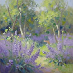 tranquil oil painting of purple garden withe green trees